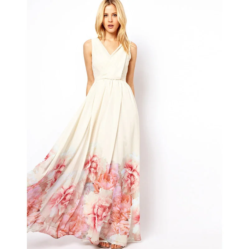 chic shift dressBohemian Sleeveless Deep V Neck Flower Print Long Dress