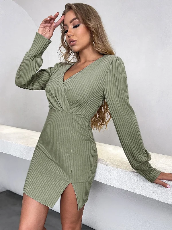 puff sleeve dressKittenAlarm - Ribbed Knit Surplice Neck Split Hem Bodycon Dress