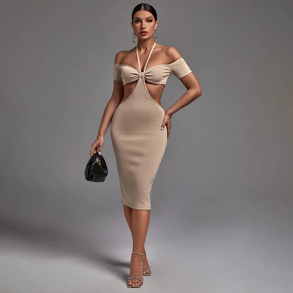 ashionable dressNude Halter Short Sleeve Cut Out Midi Bandage Dress