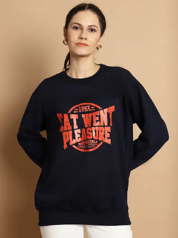 oversized gym sweatshirtVimal Jonney Navy Blue Printed Round Neck Cotton Fleece Sweatshirt for Women