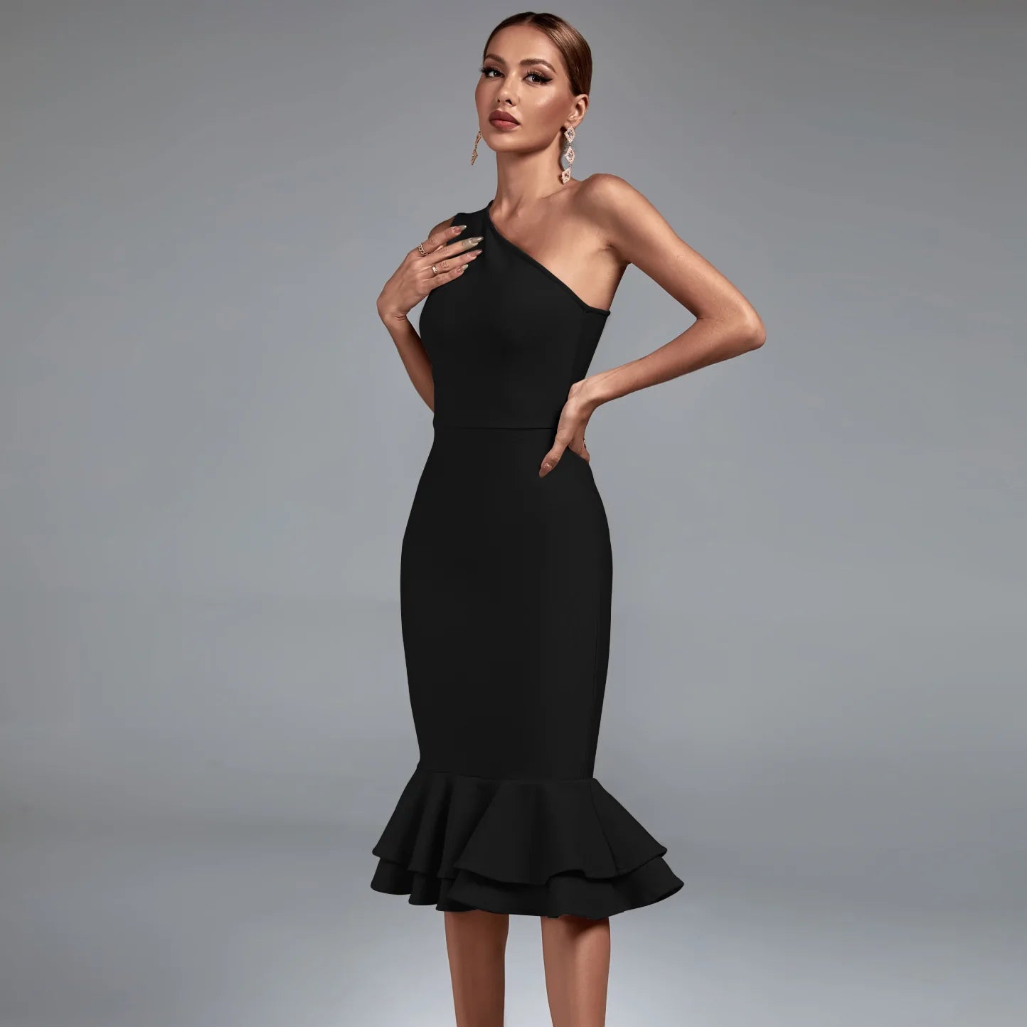 formal dressBlack One Shoulder Fishtail Midi Bandage Dress