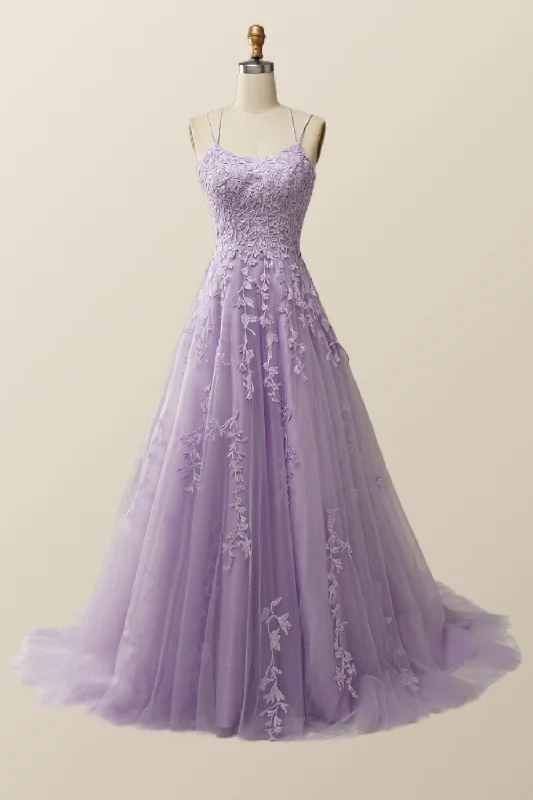 tiered dressLavender Lace Appliques A-line Long Formal Dress