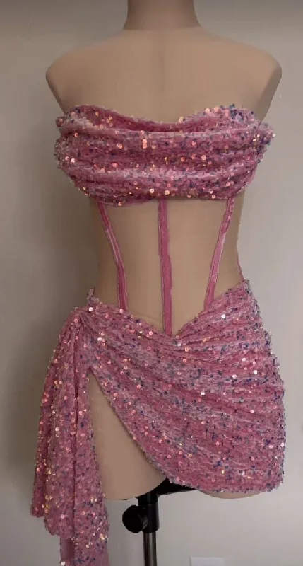 vintage-inspired dressPink Strapless Sequins Homecoming Dress Short Party Dress, DP4102