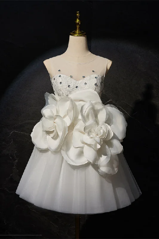 midi dressWhite Tulle A-line Short Dress with 3D Flowers