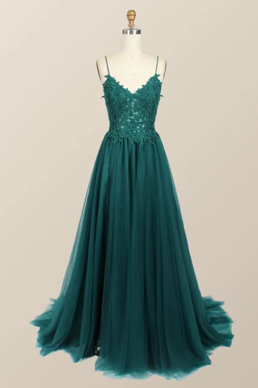 off-shoulder dressStraps Green Appliques Tulle Long Formal Dress