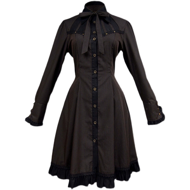 printed dressMr. Yi's Steam Continent~Gothic Lolita Dress Long Sleeve Black Coffee Striped Dress