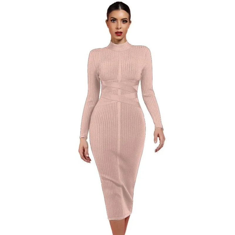 fitted dressNude High Neck Long Sleeve Midi Bandage Dress