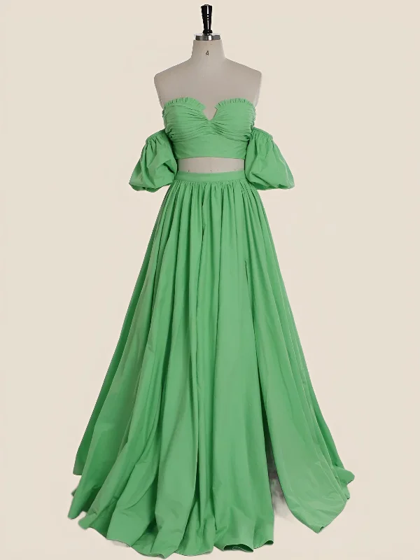 v-neck dressTwo Piece Green A-line Long Prom Dress with Puff Sleeves