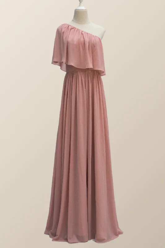 comfy dressOne Shoulder Blush Pink Chiffon Crepe Bridesmaid Dress