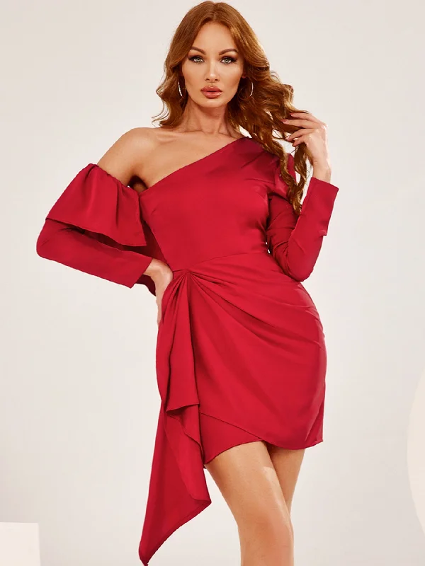 sleek dressKittenAlarm - Asymmetrical Neck Ruffle Trim Draped Front Satin Dress