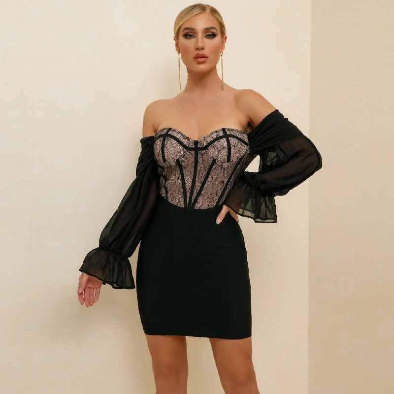 chic slip dressBlack Off Shoulder Long Sleeve Lace Mini Bandage Dress