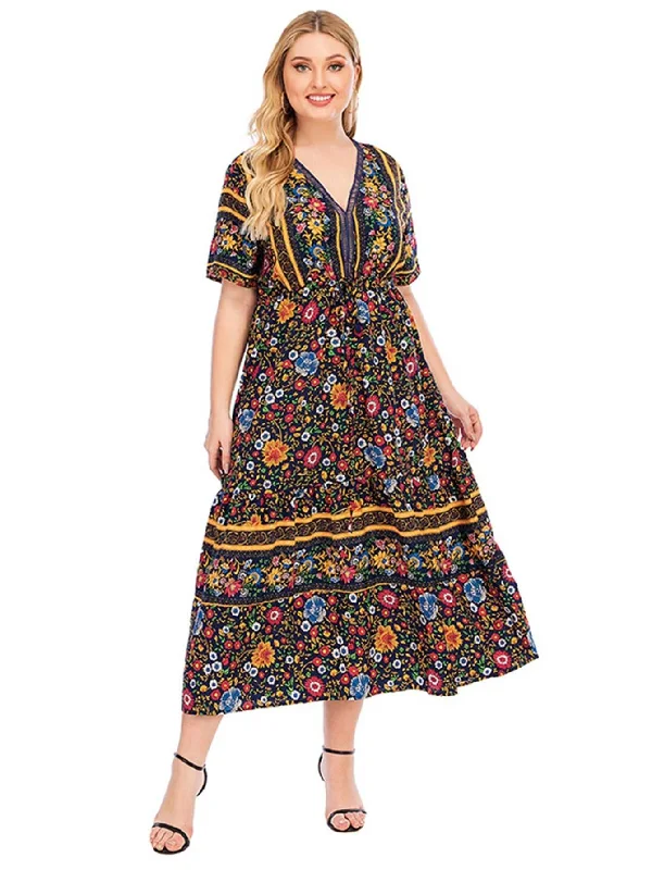 sleek dressKittenAlarm - Short Sleeve V-Neck Bohemian Maxi dress