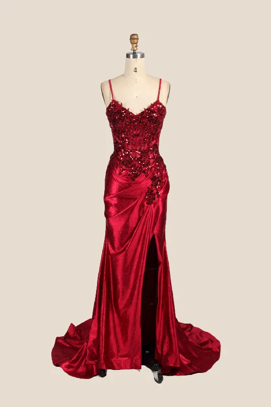 casual dressStraps Deep Red Appliques Long Dress with Slit