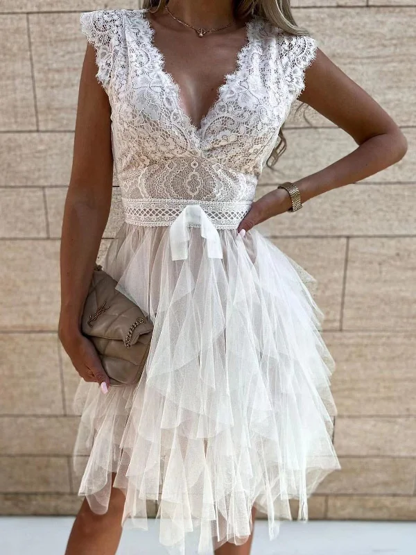 bohemian dressV-Neck Lace Mesh Irregular Dress