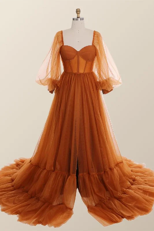 casual midi dressLong Sleeves Orange Tulle Long Formal Dress