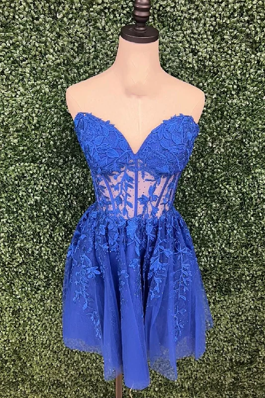 sleeveless dressSweetheart Royal Blue Lace Appliques Short Dress