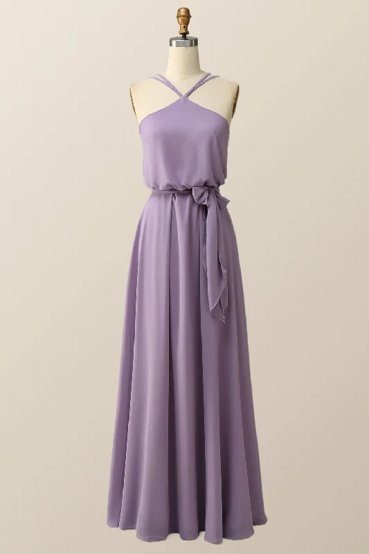 pleated maxi dressHalter Straps Purple Chiffon Long Bridesmaid Dress