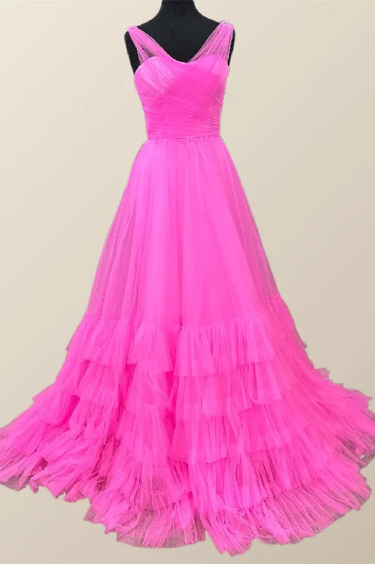 off-the-shoulder dressCross Front Neon Pink Tulle Formal Dress