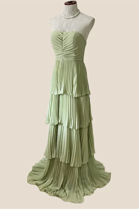 long sleeve dressSage Green Chiffon Pleated Chiffon Tiered Party Dress