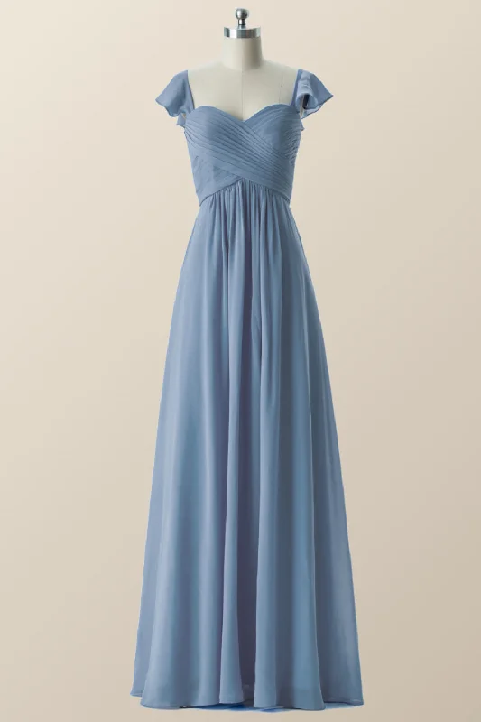 ashionable dressFlare Sleeves Misty Blue Pleated Long Bridesmaid Dress