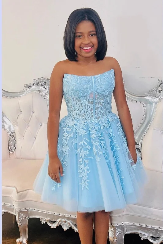 sophisticated dressStrapless Light Blue Appliques A-line Princess Dress