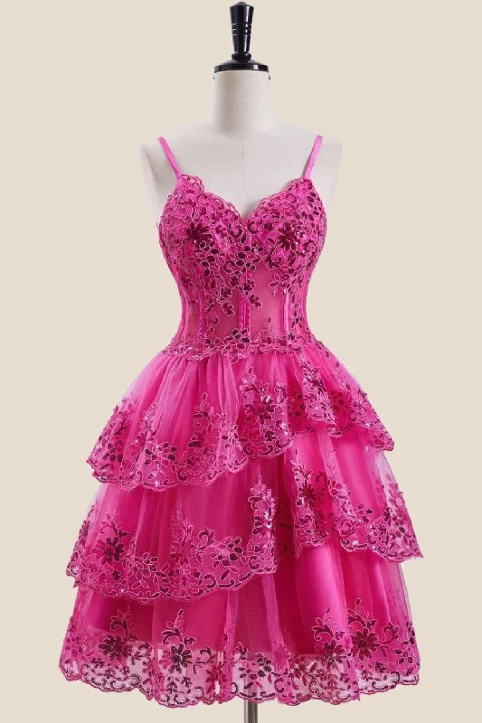 boho-chic dressHot Pink Appliques Short Ruffle Homecoming Dress