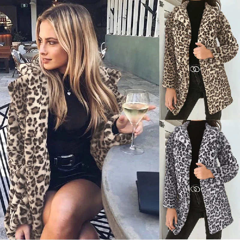 high-quality coat2019 Newest Hot Womens Autumn Winter Leopard Fluffy Fleece Jacket Coat Cardigans Hooded Jumper Tops Clubwear