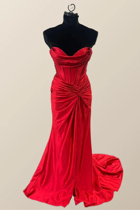 trendy bodycon dressSweetheart Red Satin Mermaid Long Prom Dress