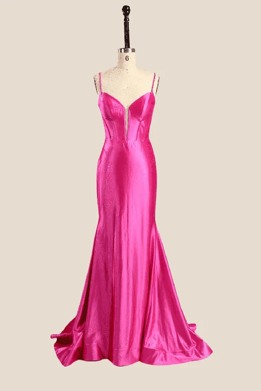 one-shoulder dressSpaghetti Straps Hot Pink Mermaid Long Dress