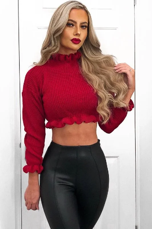 fleece pullover sweatshirtRed Ruffle Hem Chunky Knit Crop Jumper - Alannah