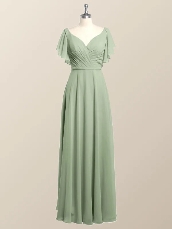 statement dressFlutter Sleeves Sage Green Chiffon A-line Long Bridesmaid Dress