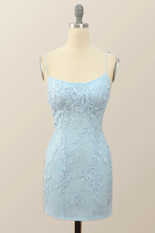 off-the-shoulder dressLight Blue Lace Straps Tight Mini Dress