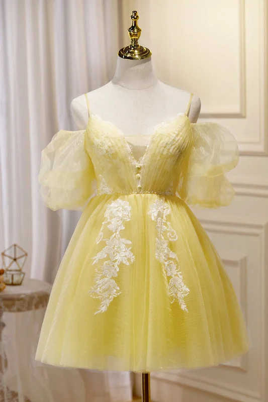 form-fitting dressShort Puffy Sleeves Yellow A-line Short Princess Dress