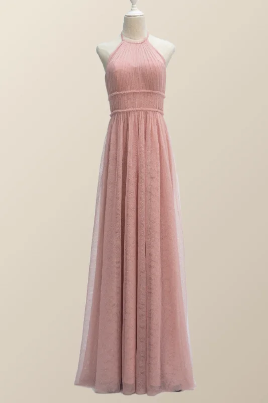 velvet dressHalter Blush Pink Tulle Long Bridesmaid Dress