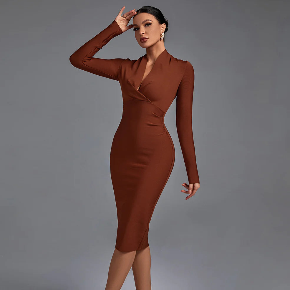 office dressBrown V Neck Long Sleeve Bandage Dress