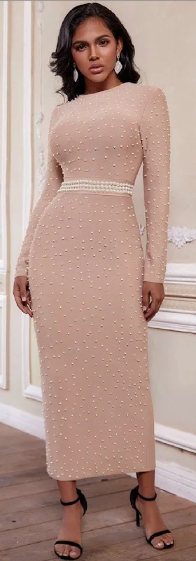 fitted bodycon dressRound Neck Long Sleeve Beaded Maxi Bandage Dress