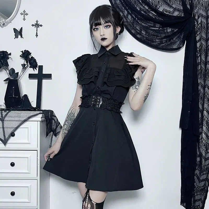 satin dressGothic Ruffled Mesh Splicing A-Line Black Dress