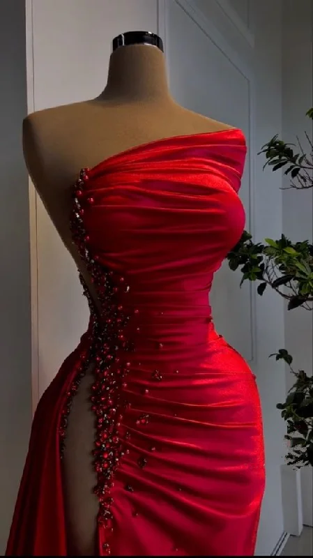 off-shoulder dressSexy Red Beaded Satin Long Prom Dress with High Slit,DP835