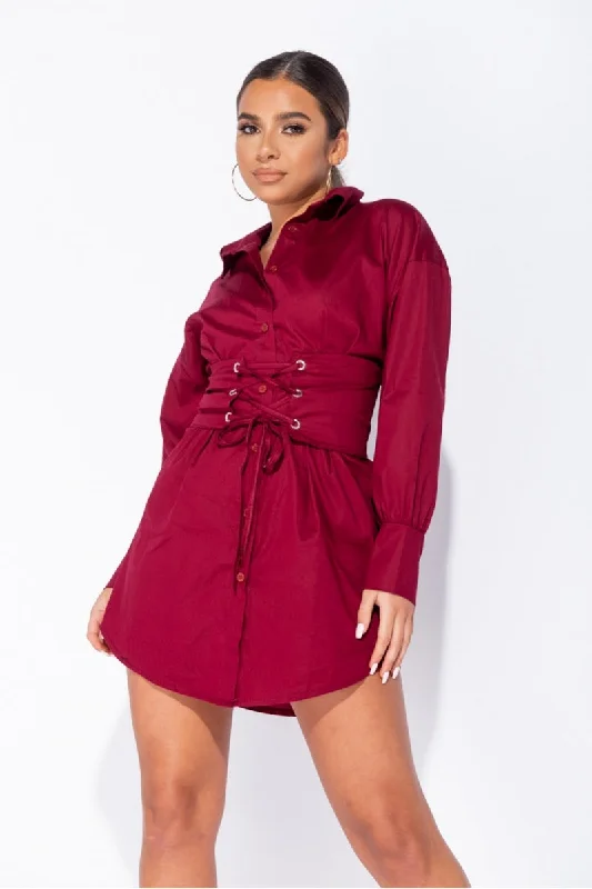 summer dressWine Long Sleeve Shirt Dress With Eyelet Lace Up Belt