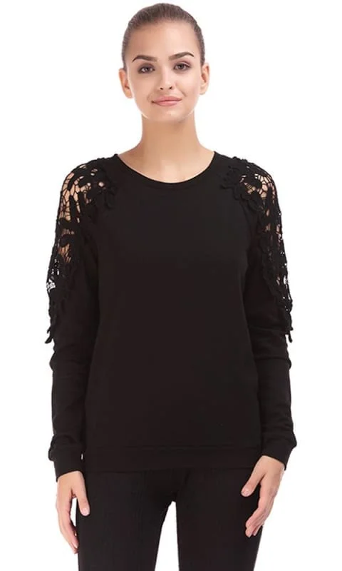 stylish performance hoodie35472 Lace Shoulder Sweatshirt - Black