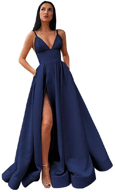 luxury dressV-Neck Slit Satin Long Prom Dress Spaghetti Strap Evening Ball Gown with Pockets S14431