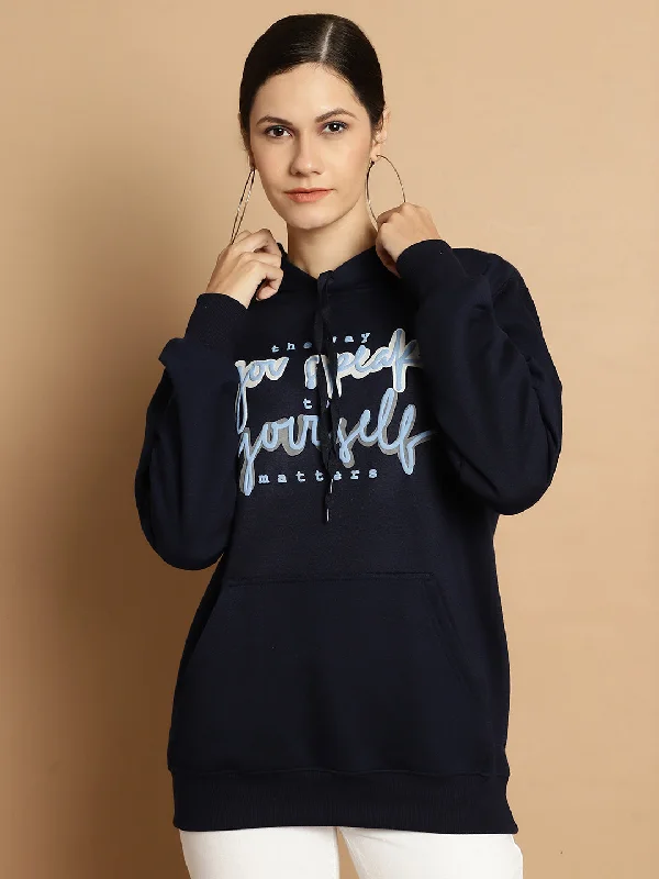 gym ready hoodieVimal Jonney Navy Blue Printed Hooded Cotton Fleece Sweatshirt for Women