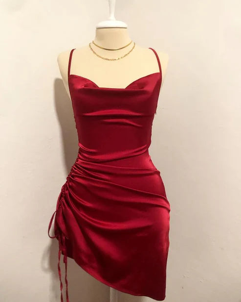 fitted cocktail dressWine Red Straps Sheath Satin Short Party Dress Homecoming Dress, DP4104