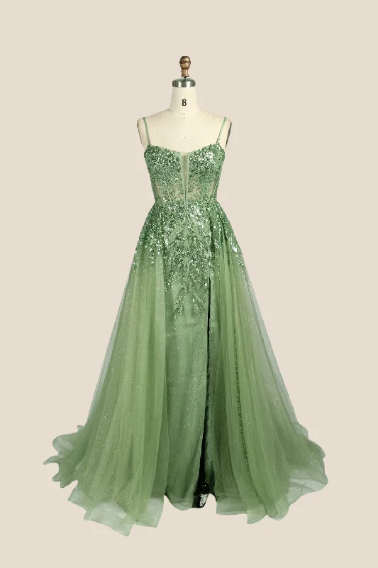 denim dressSage Green Sequin A-line Long Dress with Slit