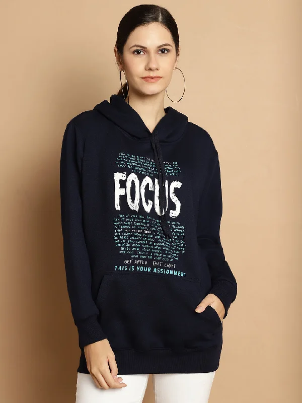 fashion gym hoodieVimal Jonney Navy Blue Printed Hooded Cotton Fleece Sweatshirt for Women