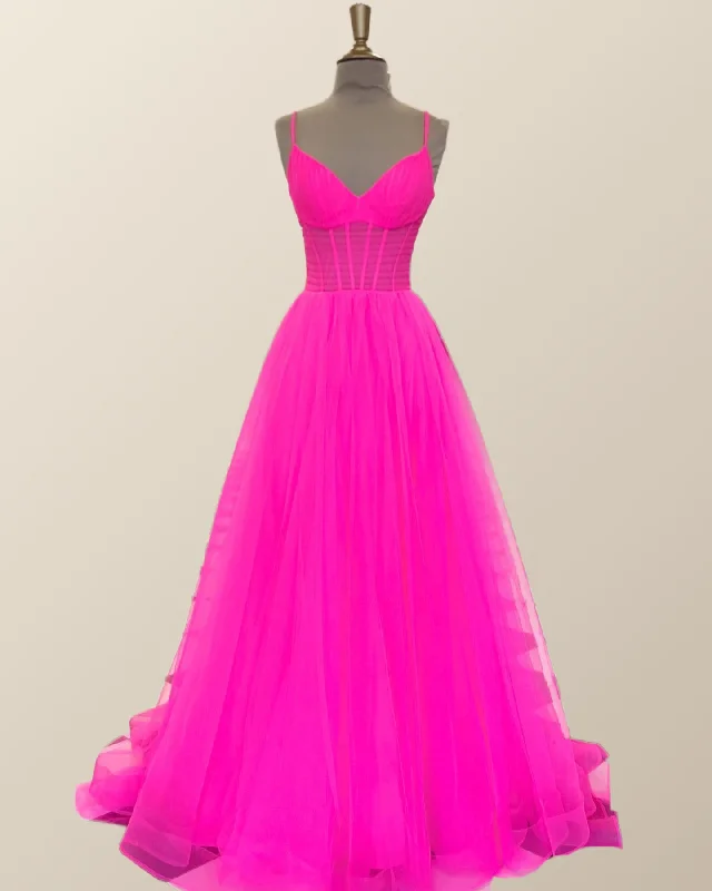 structured dressNeon Pink Pleated A-line Long Formal Dress