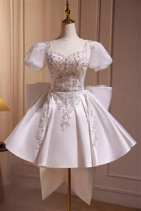 v-neck dressShort Sleeves White Beaded A-line Short Princess Dress