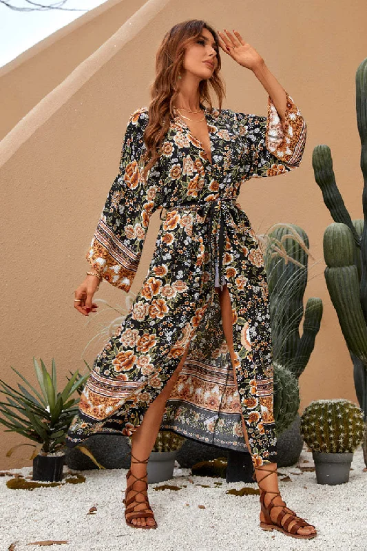 midi dressShaken Leaves Floral Boho Maxi Dress