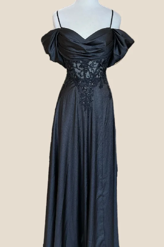 wrap-around dressCowl Neck Black Appliques Long Dress with Slit