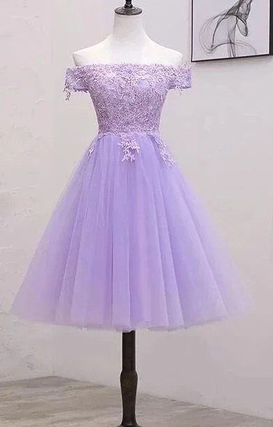 wool dressLight Purple Lace And Tulle Off The Shoulder Homecoming Dress S11189